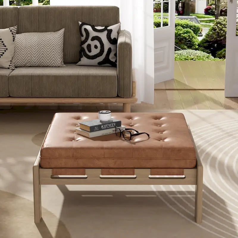 Pouf ottoman carré capitonné de 34, table basse ottomane en cuir avec cadre en bois d’hévéa