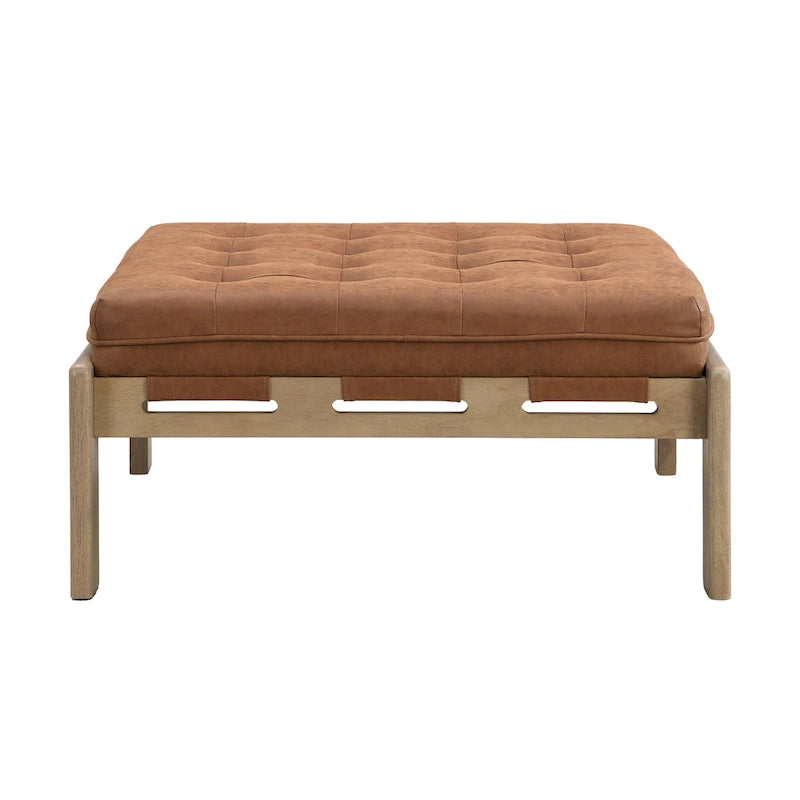 Pouf ottoman carré capitonné de 34, table basse ottomane en cuir avec cadre en bois d’hévéa