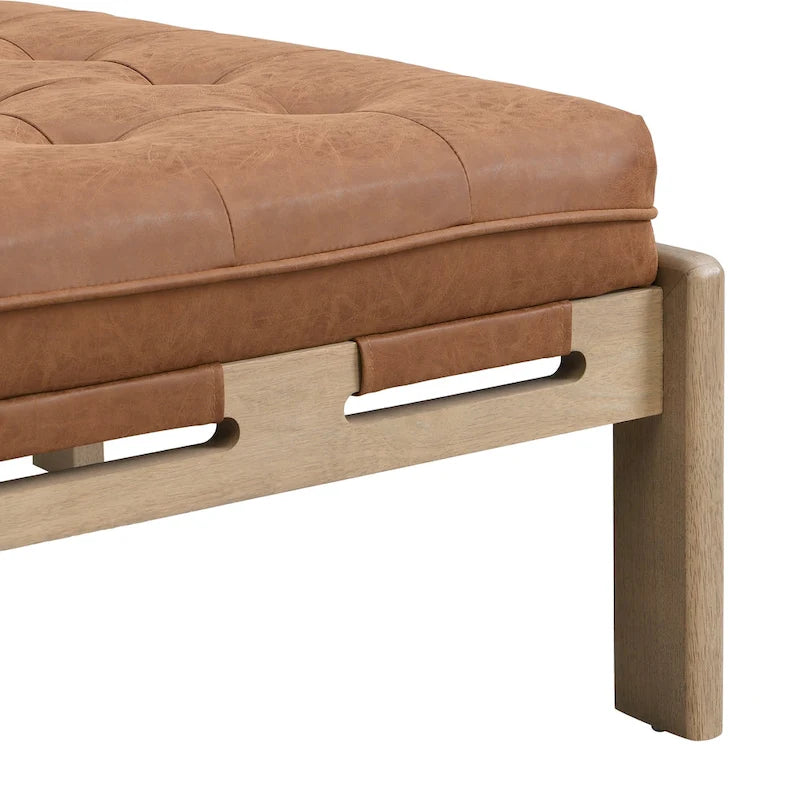 Pouf ottoman carré capitonné de 34, table basse ottomane en cuir avec cadre en bois d’hévéa
