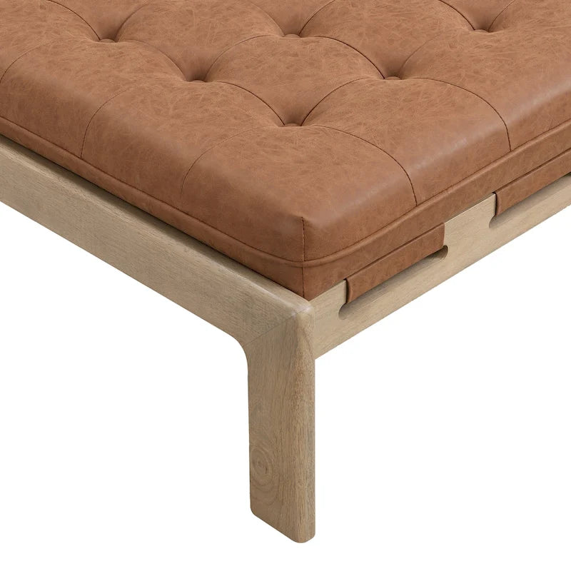Pouf ottoman carré capitonné de 34, table basse ottomane en cuir avec cadre en bois d’hévéa
