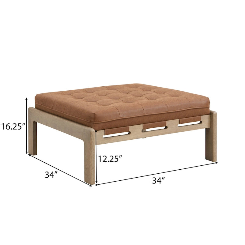 Pouf ottoman carré capitonné de 34, table basse ottomane en cuir avec cadre en bois d’hévéa