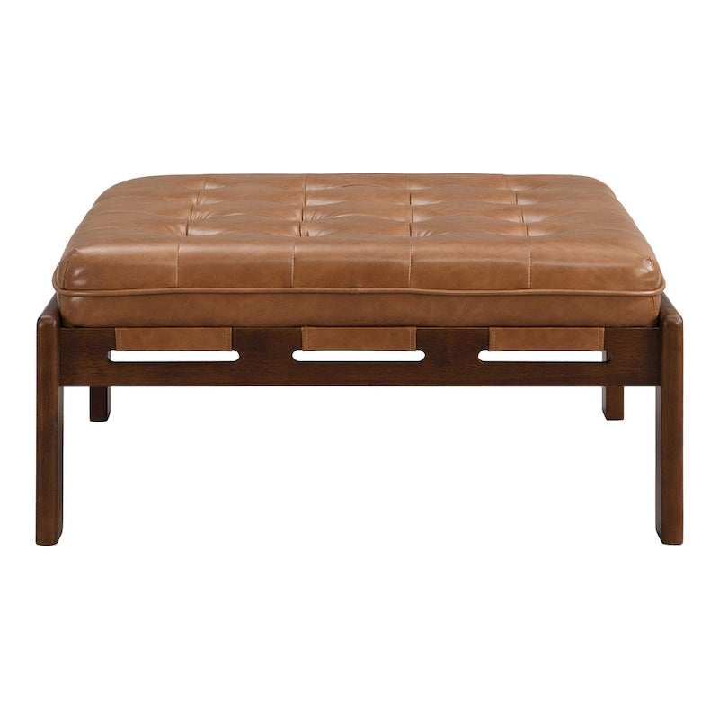 Pouf ottoman carré capitonné de 34, table basse ottomane en cuir avec cadre en bois d’hévéa