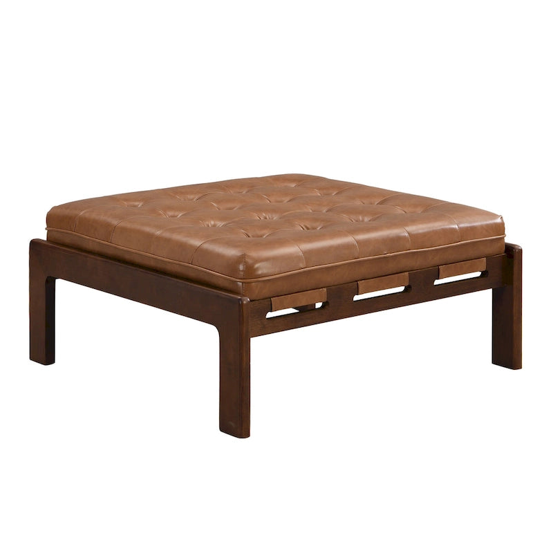 Pouf ottoman carré capitonné de 34, table basse ottomane en cuir avec cadre en bois d’hévéa