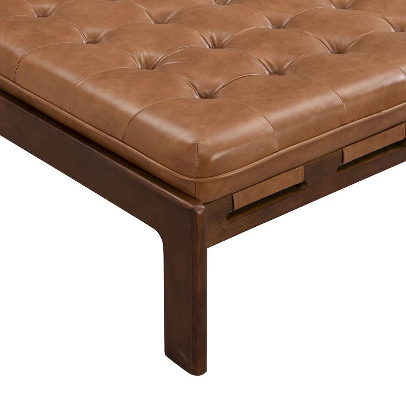 Pouf ottoman carré capitonné de 34, table basse ottomane en cuir avec cadre en bois d’hévéa