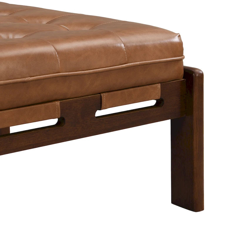 Pouf ottoman carré capitonné de 34, table basse ottomane en cuir avec cadre en bois d’hévéa