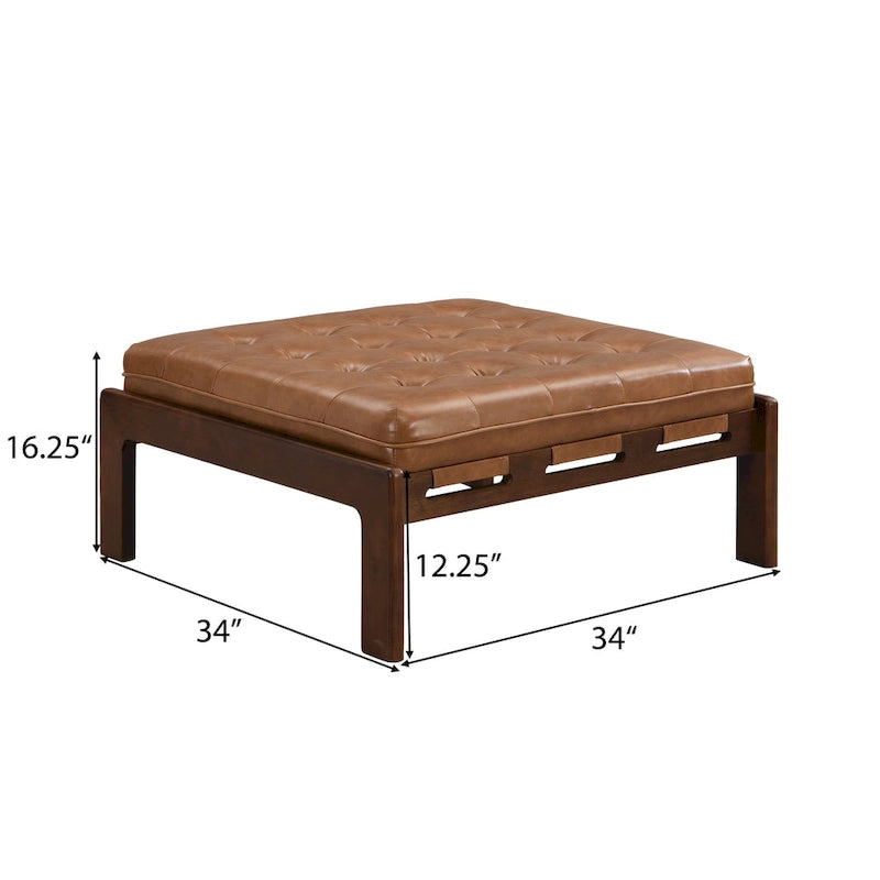 Pouf ottoman carré capitonné de 34, table basse ottomane en cuir avec cadre en bois d’hévéa