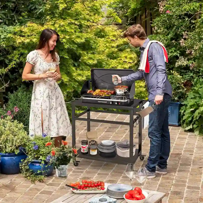 Mobiler Outdoor-Grillwagen und Pizzabackofenständer mit Ablage, Haken und abschließbar