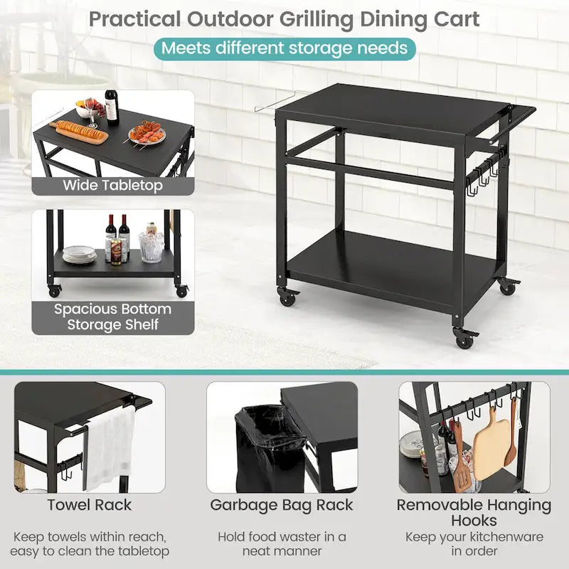 Mobiler Outdoor-Grillwagen und Pizzabackofenständer mit Ablage, Haken und abschließbar