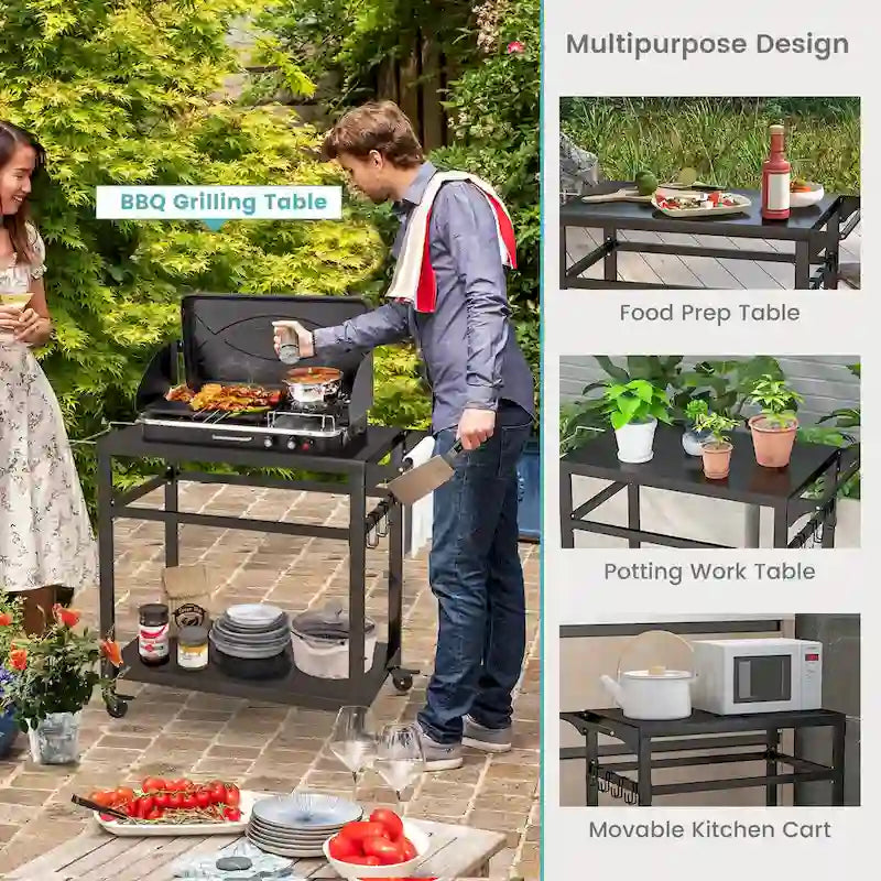 Mobiler Outdoor-Grillwagen und Pizzabackofenständer mit Ablage, Haken und abschließbar