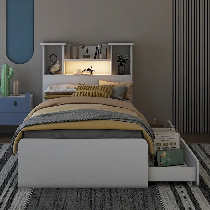 Einzelbett mit Bücherregal, offenem Stauraum, LED und Schubladen