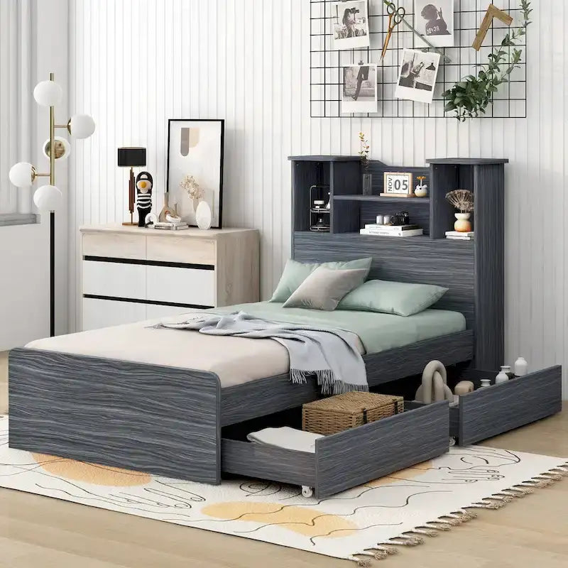Einzelbett mit Bücherregal, offenem Stauraum, LED und Schubladen