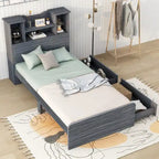 Einzelbett mit Bücherregal, offenem Stauraum, LED und Schubladen