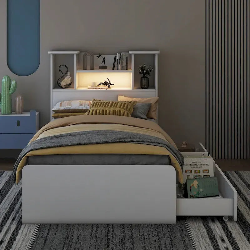 Einzelbett mit Bücherregal, offenem Stauraum, LED und Schubladen