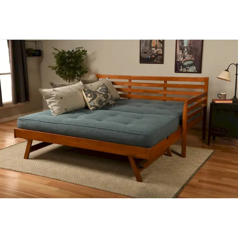Letto da giorno e letto estraibile con materassi in lino color acquamarina