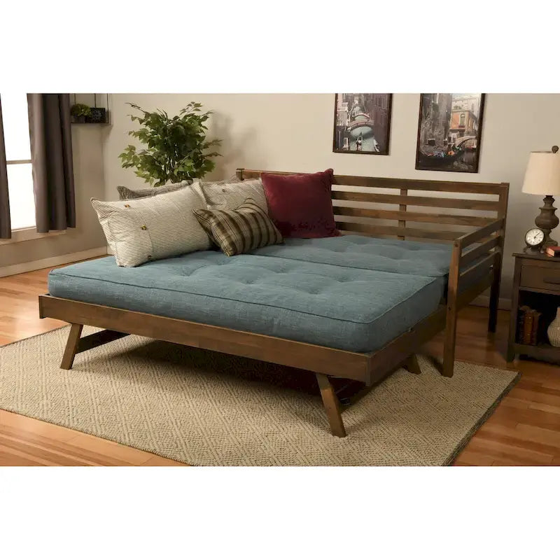 Letto da giorno e letto estraibile con materassi in lino color acquamarina
