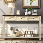Console­##tafel van massief hout met 3 laden en plank