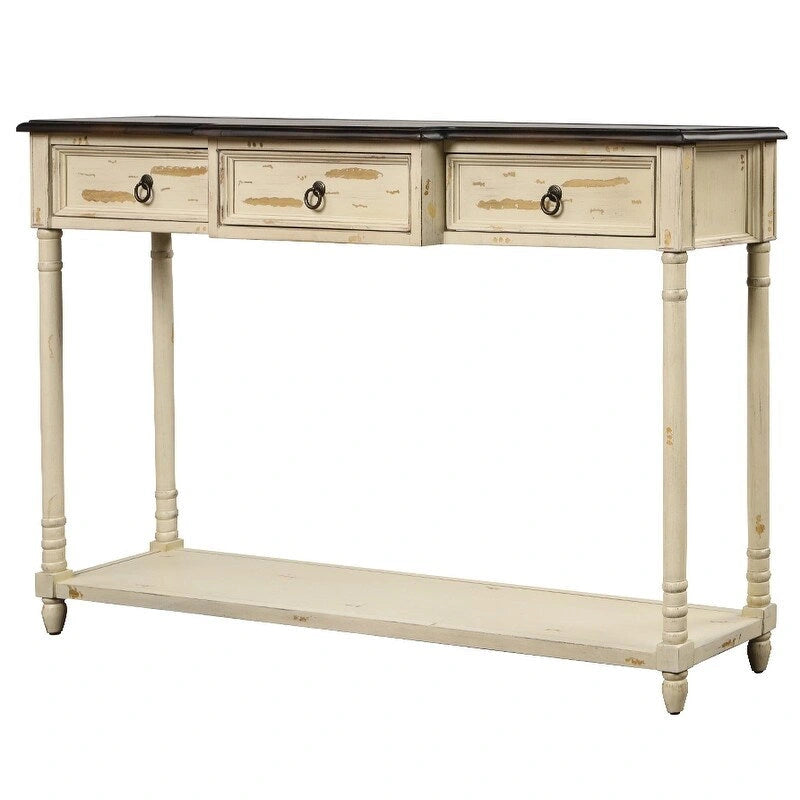 Console­##tafel van massief hout met 3 laden en plank