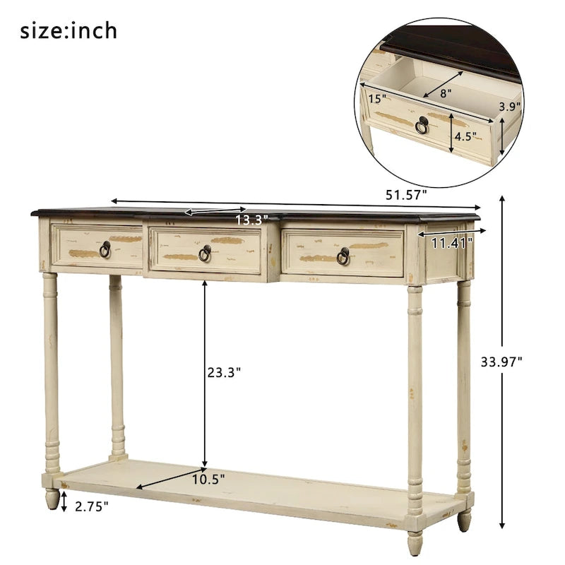 Console­##tafel van massief hout met 3 laden en plank
