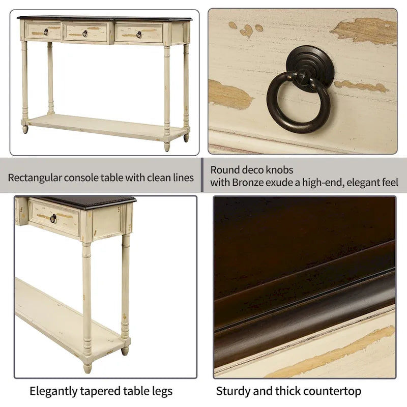 Console­##tafel van massief hout met 3 laden en plank