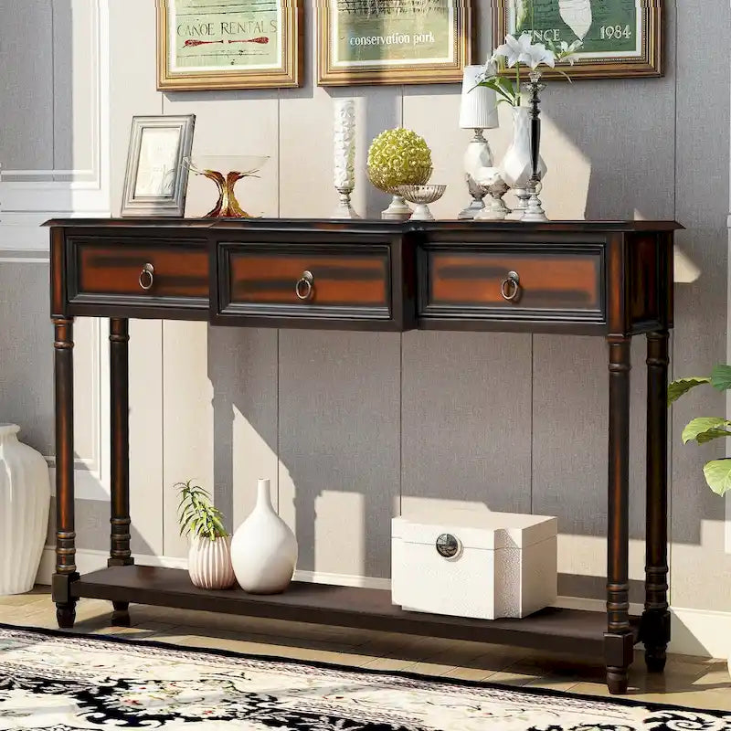 Console­##tafel van massief hout met 3 laden en plank