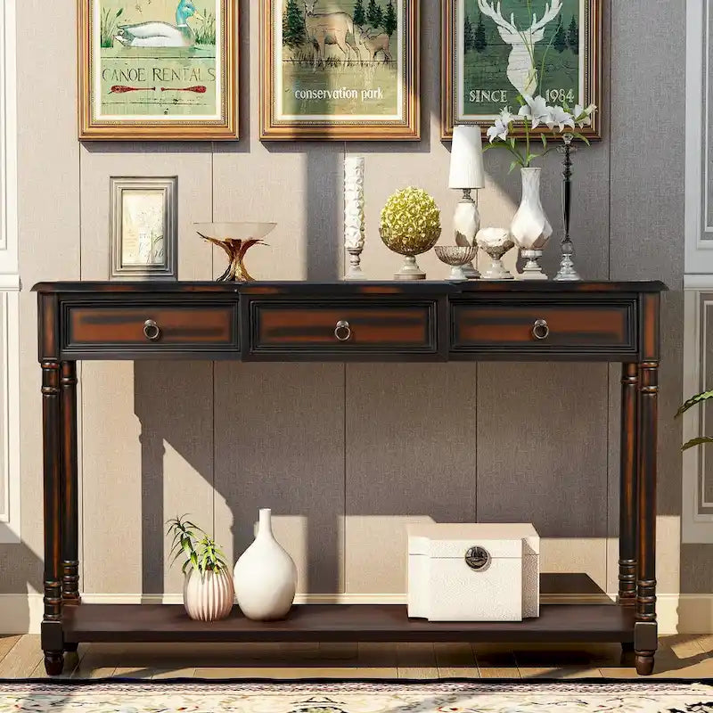 Console­##tafel van massief hout met 3 laden en plank