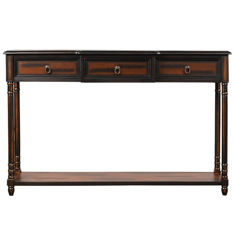 Console­##tafel van massief hout met 3 laden en plank