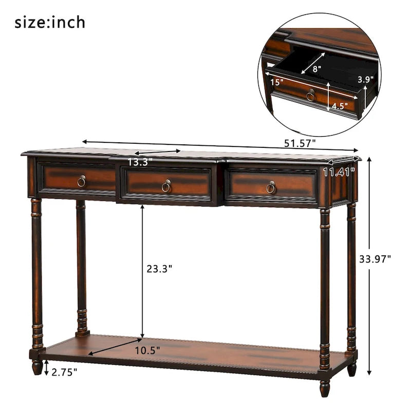 Console­##tafel van massief hout met 3 laden en plank