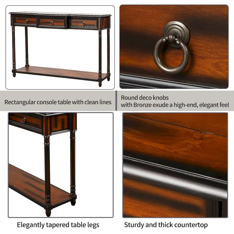 Console­##tafel van massief hout met 3 laden en plank