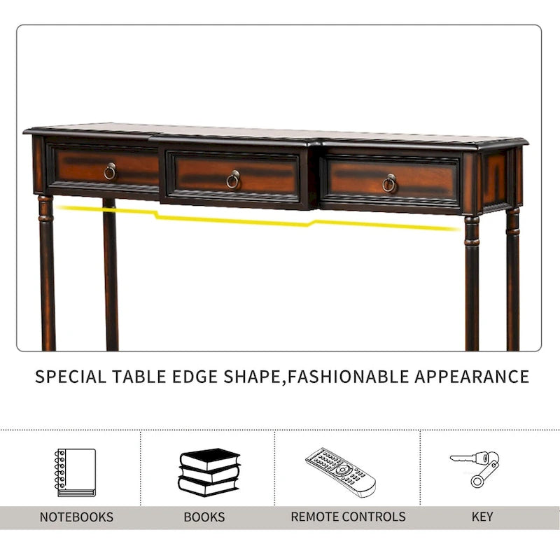 Console­##tafel van massief hout met 3 laden en plank