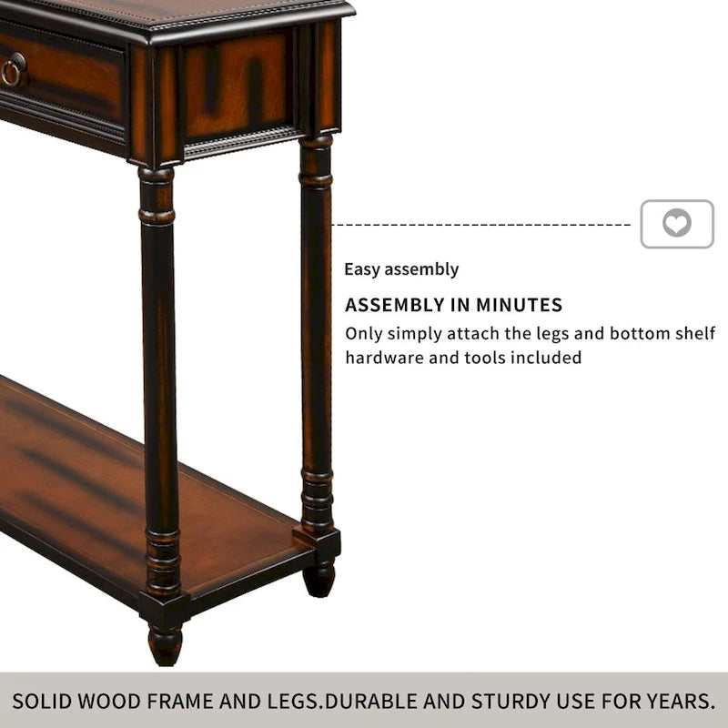 Console­##tafel van massief hout met 3 laden en plank