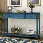 Console­##tafel van massief hout met 3 laden en plank