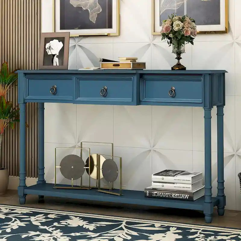 Console­##tafel van massief hout met 3 laden en plank