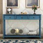 Console­##tafel van massief hout met 3 laden en plank