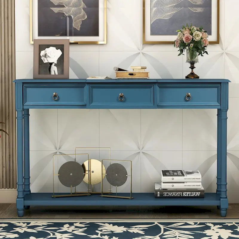 Console­##tafel van massief hout met 3 laden en plank