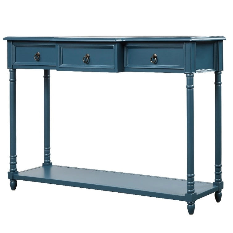 Console­##tafel van massief hout met 3 laden en plank