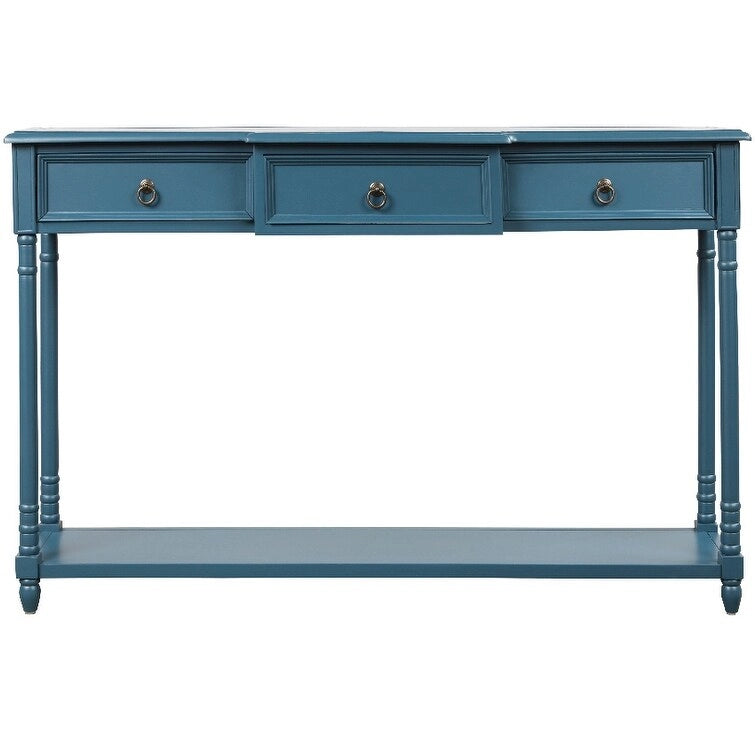 Console­##tafel van massief hout met 3 laden en plank