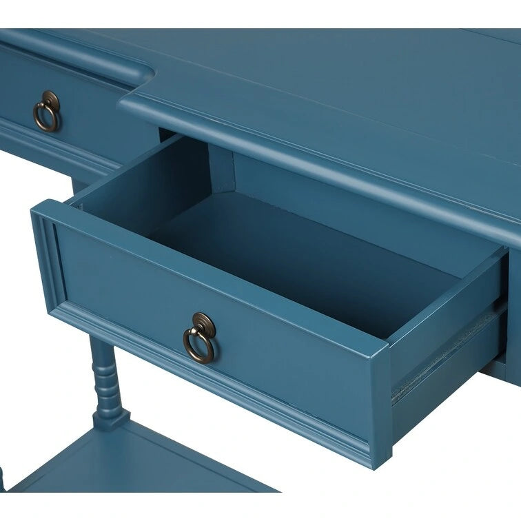 Console­##tafel van massief hout met 3 laden en plank