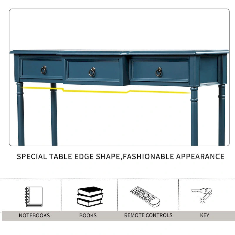 Console­##tafel van massief hout met 3 laden en plank