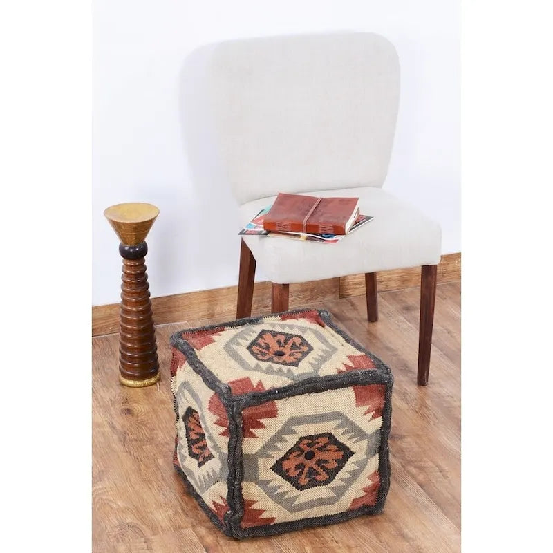 Handgefertigter Indo-Woll- und Jute-Pouf - 16 x 16 x 16
