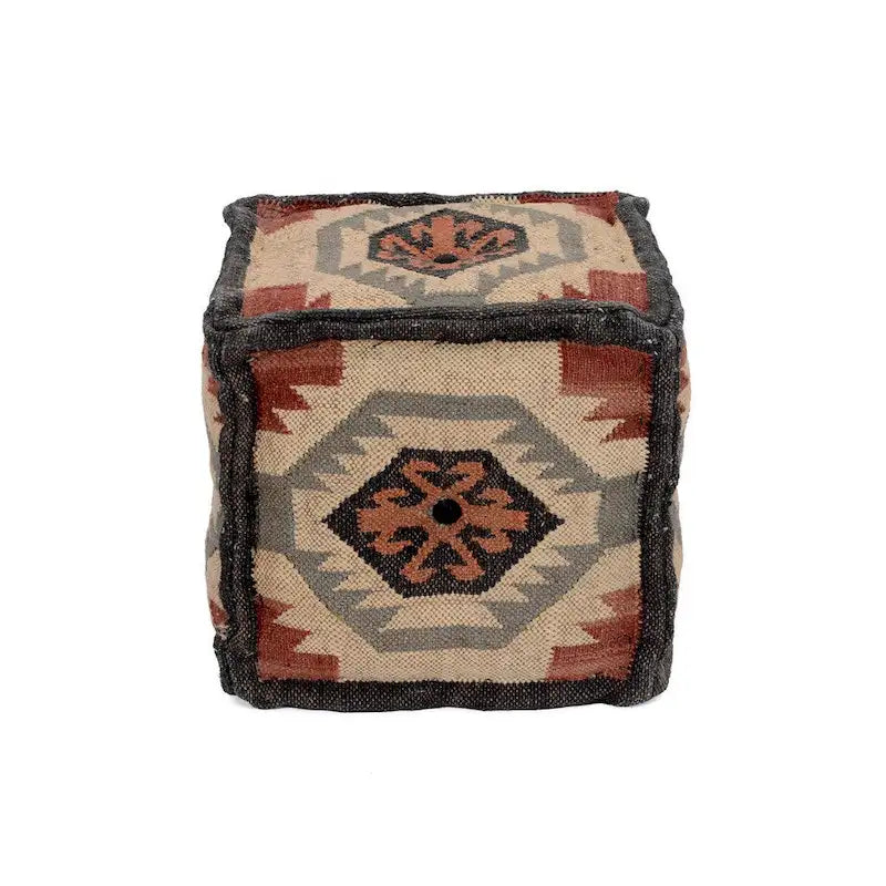 Handgefertigter Indo-Woll- und Jute-Pouf - 16 x 16 x 16