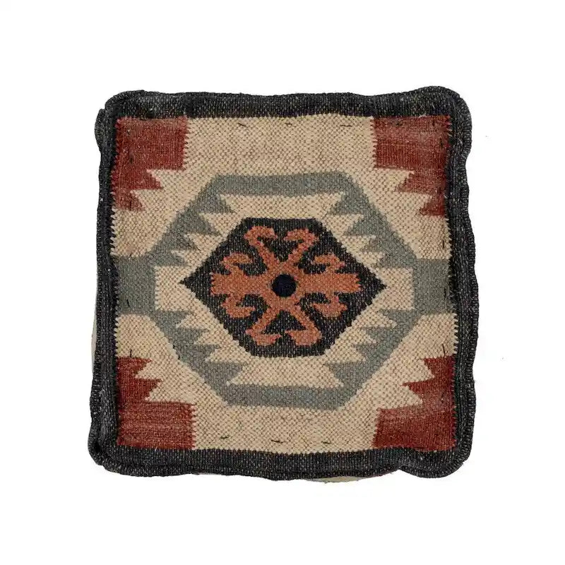 Handgefertigter Indo-Woll- und Jute-Pouf - 16 x 16 x 16