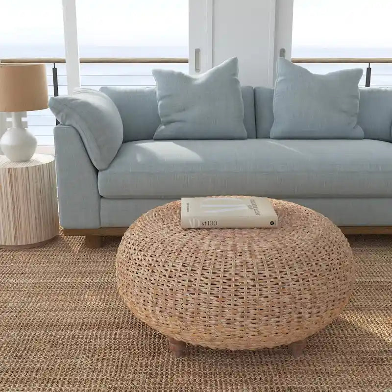Natural Whitewashed Abaca Round Coffee Table Ottoman by East at Main