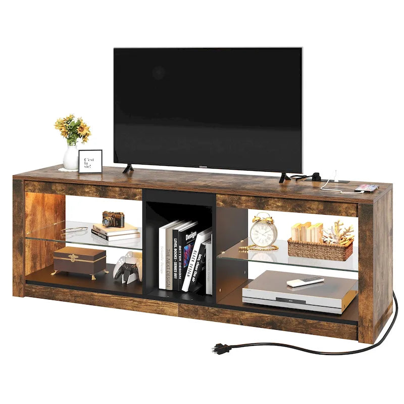 LED-RGB-TV-Schrank mit Steckdosen für Fernseher bis zu 55/60 Zoll, Entertainment-Center mit Glasregalen