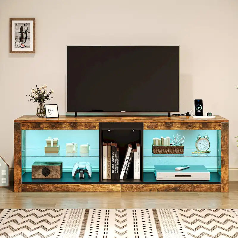 LED-RGB-TV-Schrank mit Steckdosen für Fernseher bis zu 55/60 Zoll, Entertainment-Center mit Glasregalen