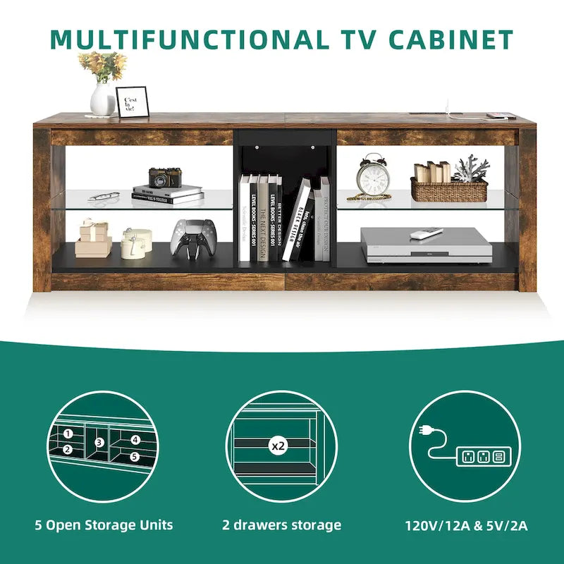 LED-RGB-TV-Schrank mit Steckdosen für Fernseher bis zu 55/60 Zoll, Entertainment-Center mit Glasregalen