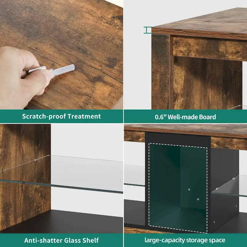 LED-RGB-TV-Schrank mit Steckdosen für Fernseher bis zu 55/60 Zoll, Entertainment-Center mit Glasregalen