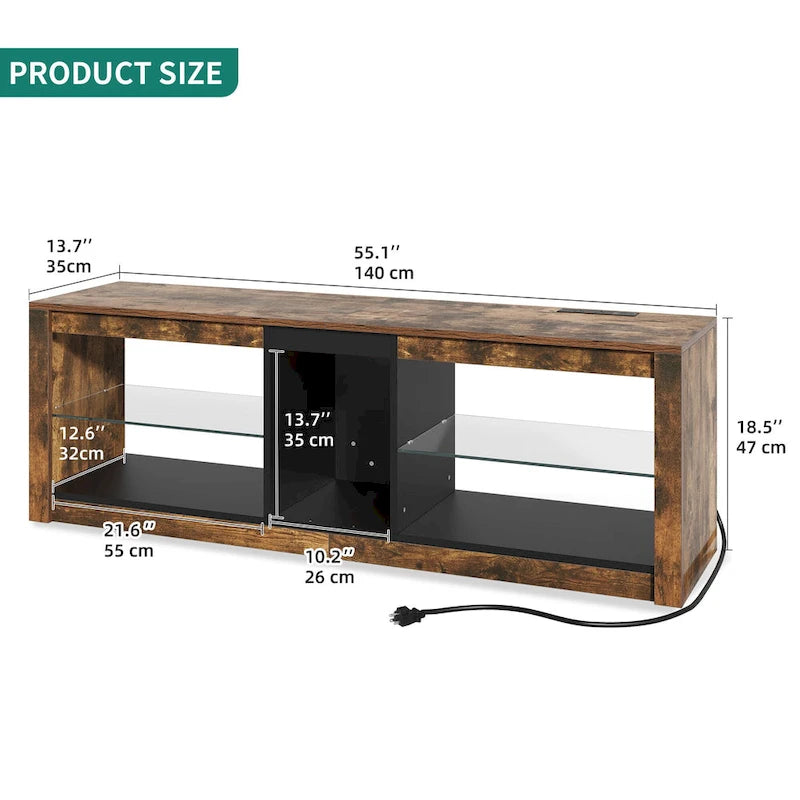 LED-RGB-TV-Schrank mit Steckdosen für Fernseher bis zu 55/60 Zoll, Entertainment-Center mit Glasregalen