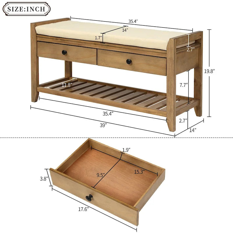 Aufbewahrungsbank für den Eingangsbereich mit gepolsterter Sitzfläche und Schubladen - 39L x 14W x 19.8H