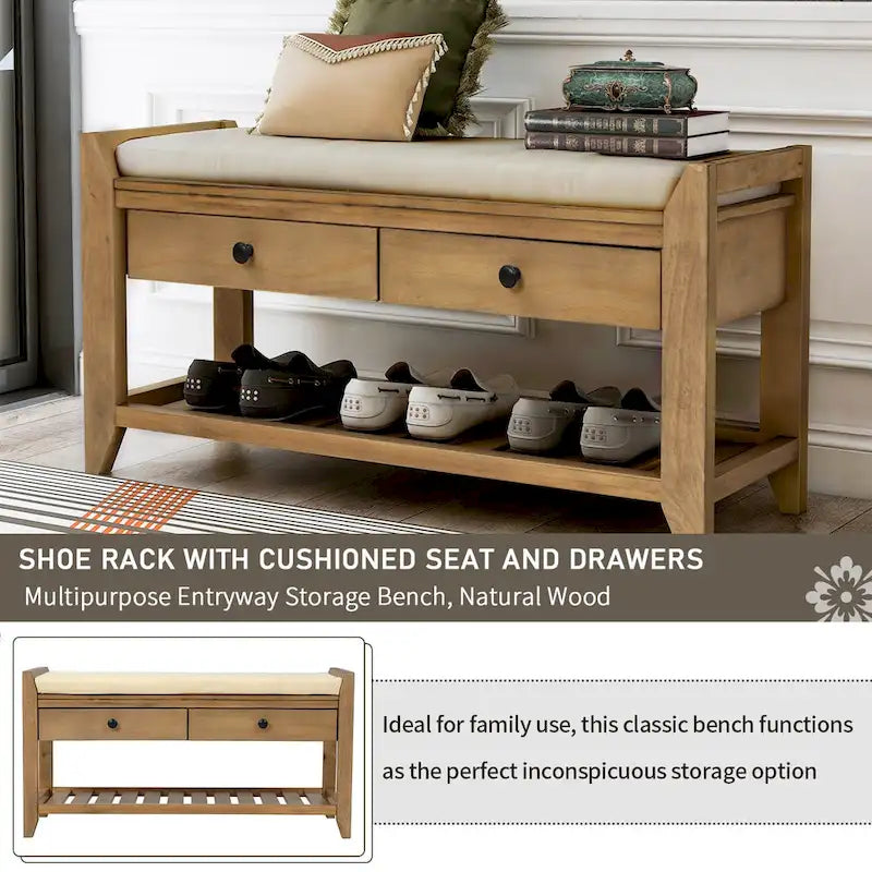 Aufbewahrungsbank für den Eingangsbereich mit gepolsterter Sitzfläche und Schubladen - 39L x 14W x 19.8H