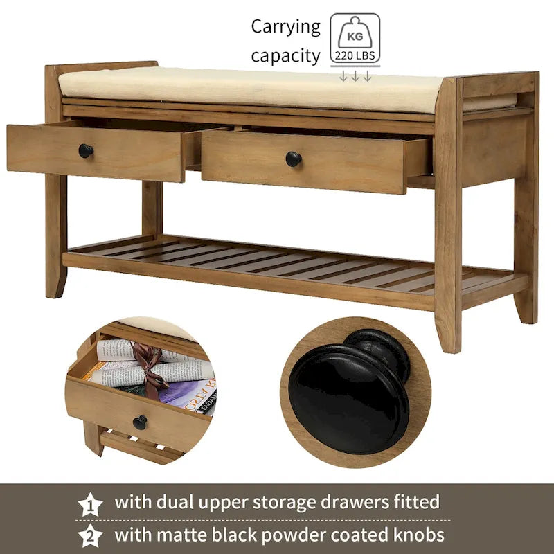 Aufbewahrungsbank für den Eingangsbereich mit gepolsterter Sitzfläche und Schubladen - 39L x 14W x 19.8H